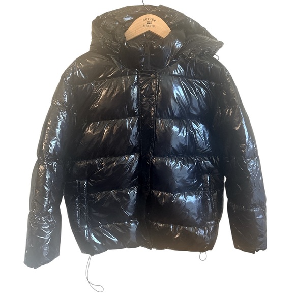 Mono B Faux Leather Jacket Size Large Black Puffer High Neckline Removable Hood - Picture 4 of 13